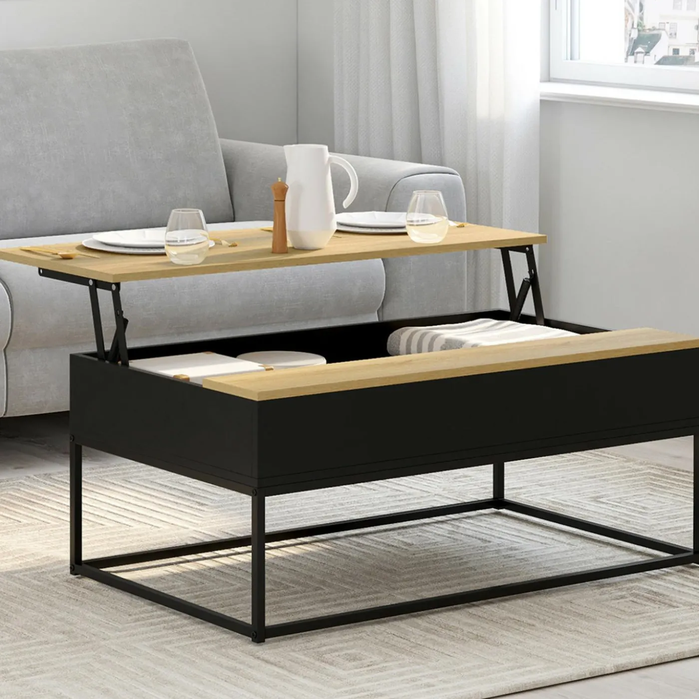 Table basse noire style industriel avec plateau relevable en bois façon hêtre