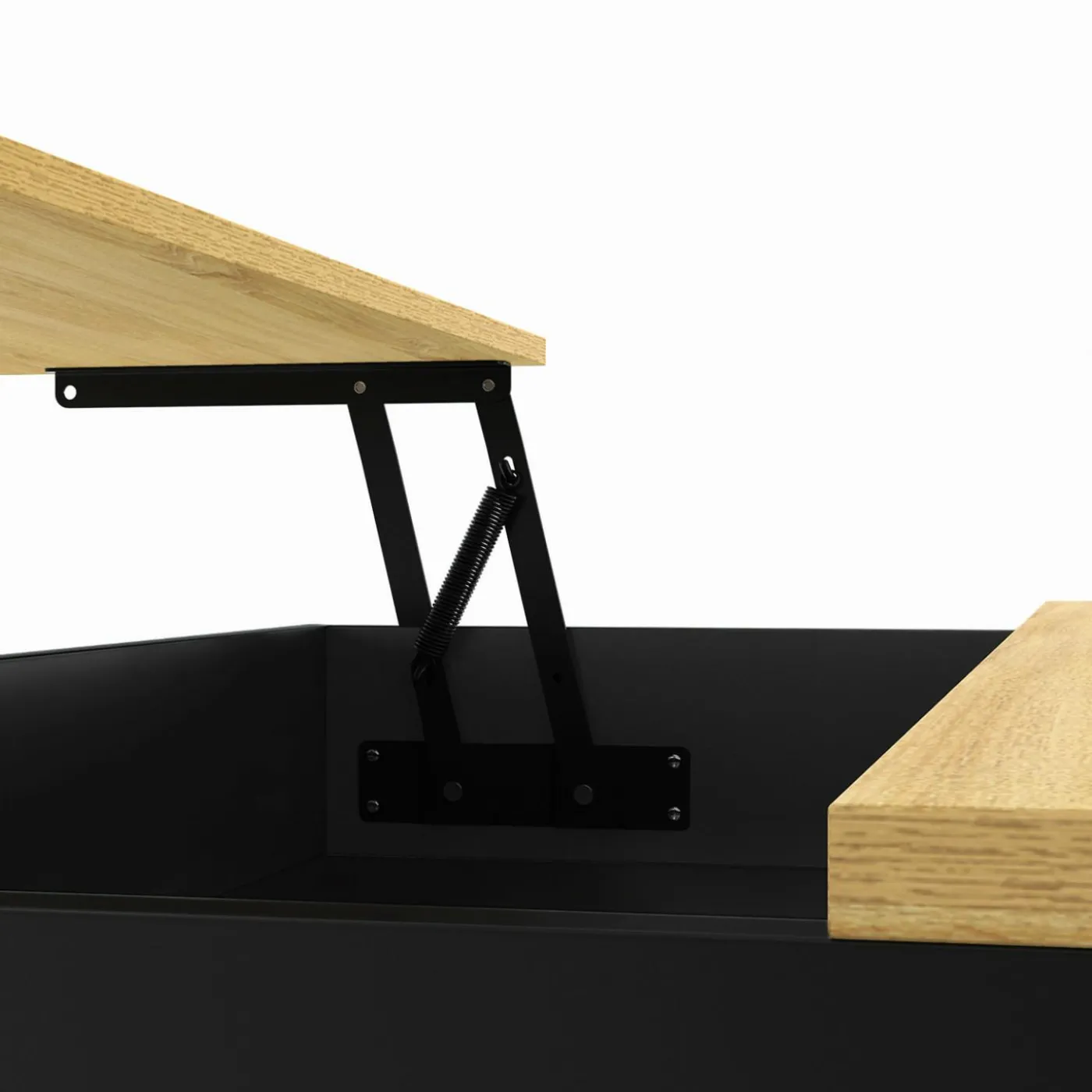Table basse noire style industriel avec plateau relevable en bois façon hêtre