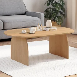 Table basse ovale pied central bois effet hêtre 110 cm