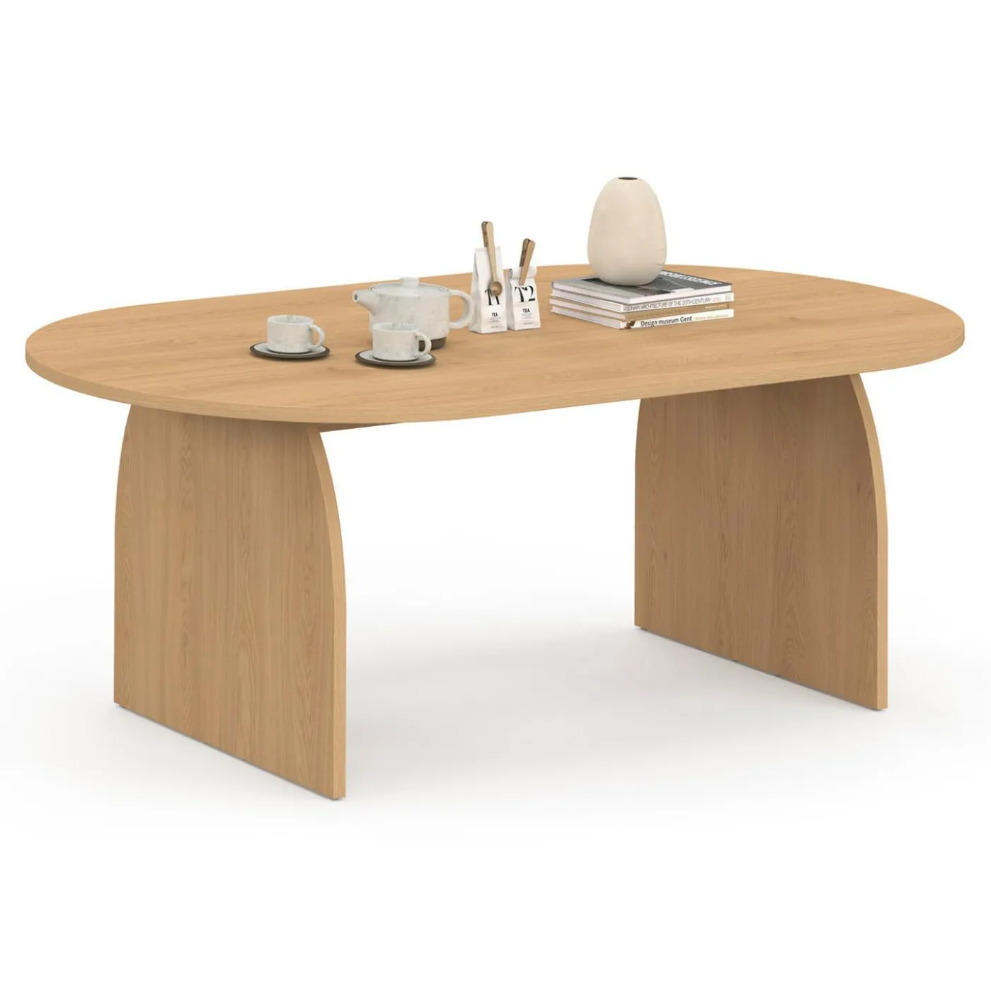 Table basse ovale pied central bois effet hêtre 110 cm
