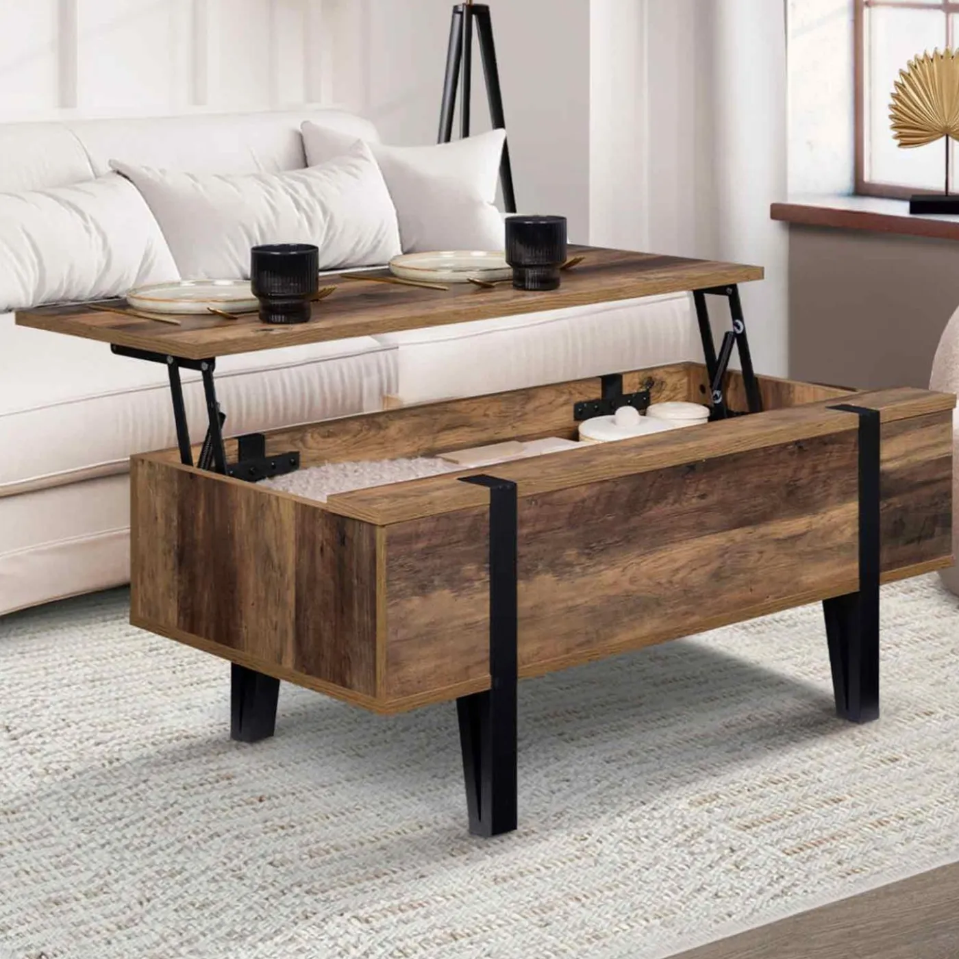 Table basse plateau relevable bois foncé pied épingle
