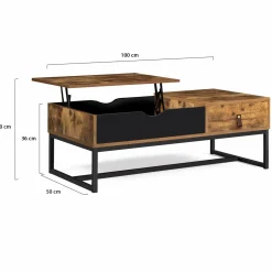 Table basse plateau relevable style industriel 1 tiroir