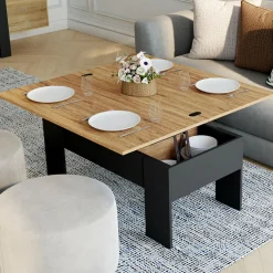 Table basse plateau relevable rectangulaire bois noir et imitation hêtre