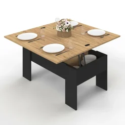 Table basse plateau relevable rectangulaire bois noir et imitation hêtre