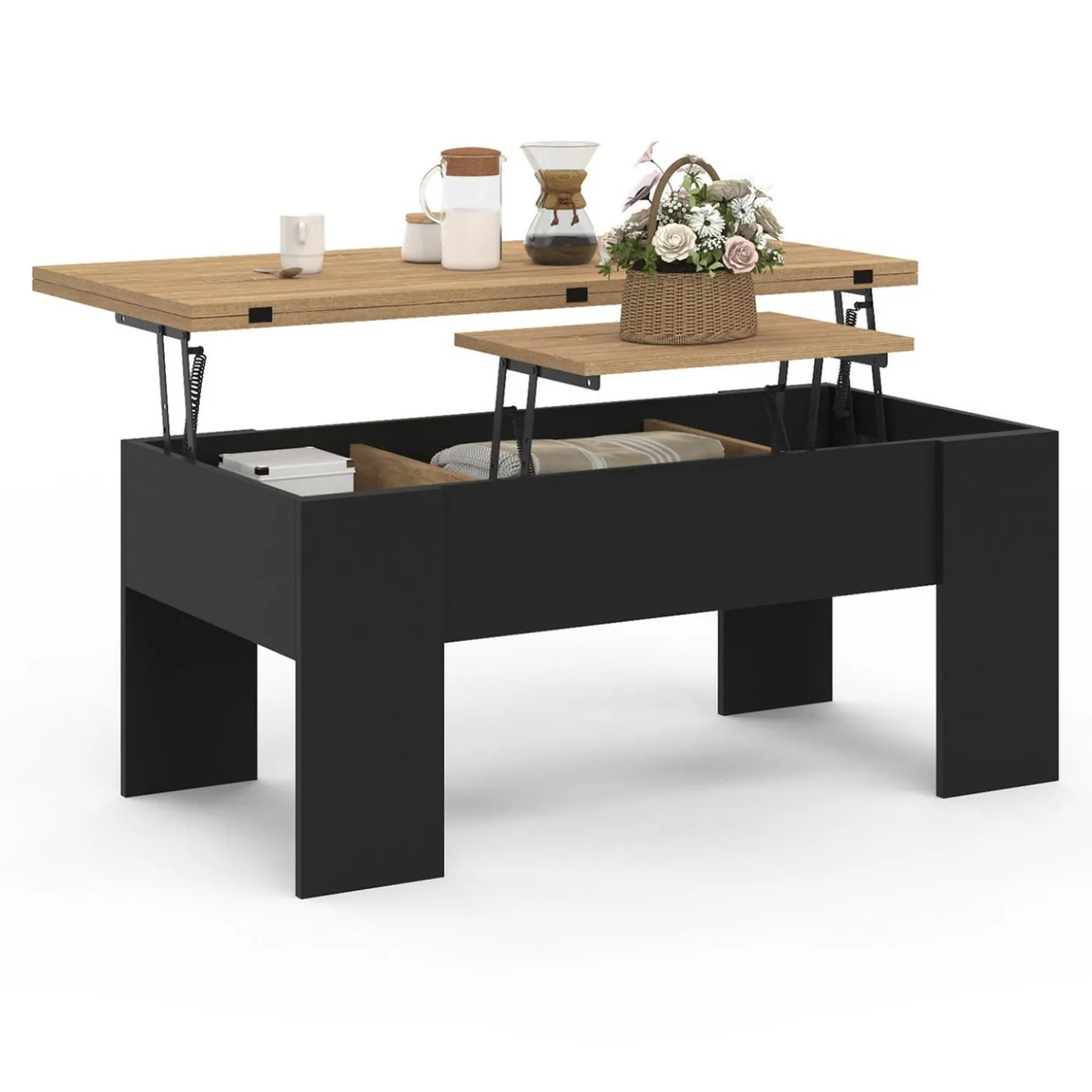 Table basse plateau relevable rectangulaire bois noir et imitation hêtre
