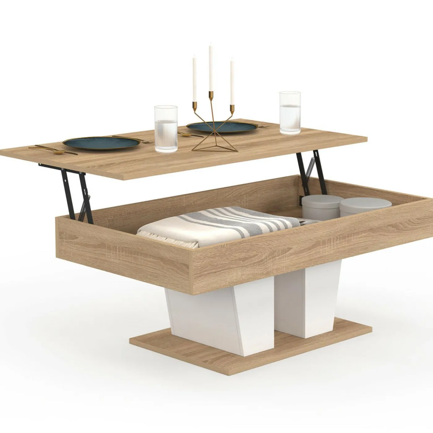Table basse plateau relevable rectangulaire bois et blanc