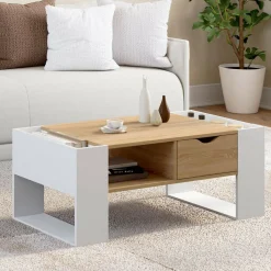 Table basse rectangulaire avec tiroir bois blanc et façon hêtre