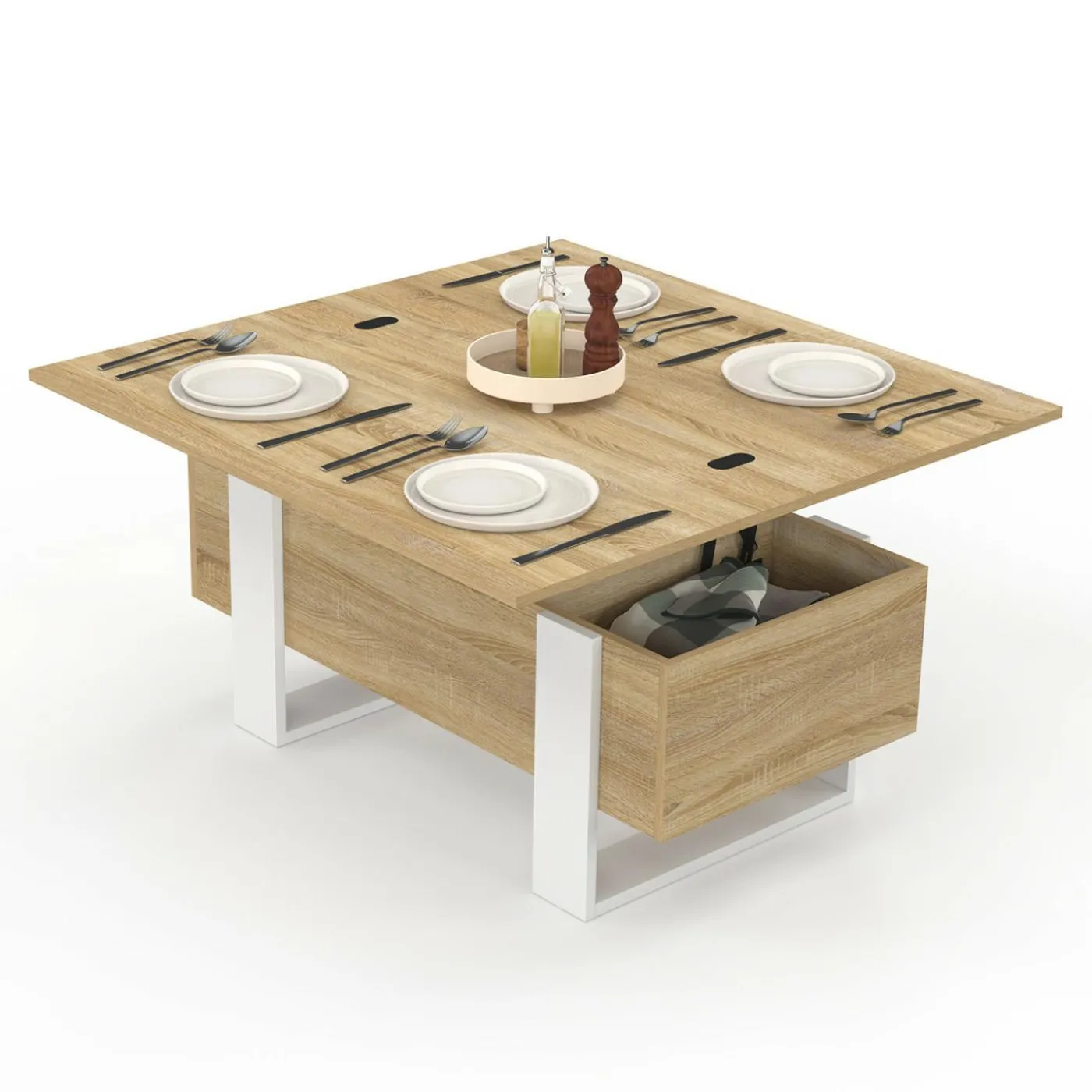 Table basse rectangulaire relevable convertible en table à manger bois et blanc