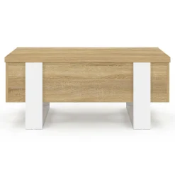 Table basse rectangulaire relevable convertible en table à manger bois et blanc