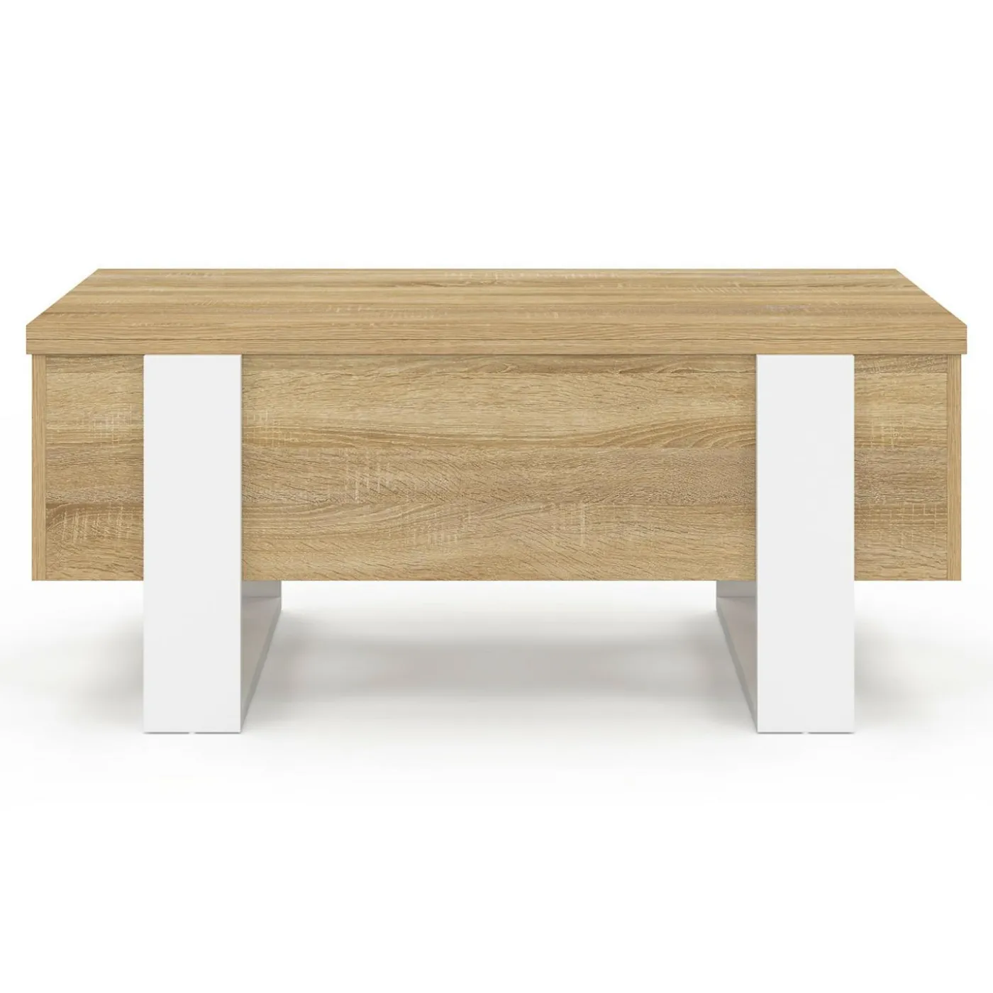 Table basse rectangulaire relevable convertible en table à manger bois et blanc