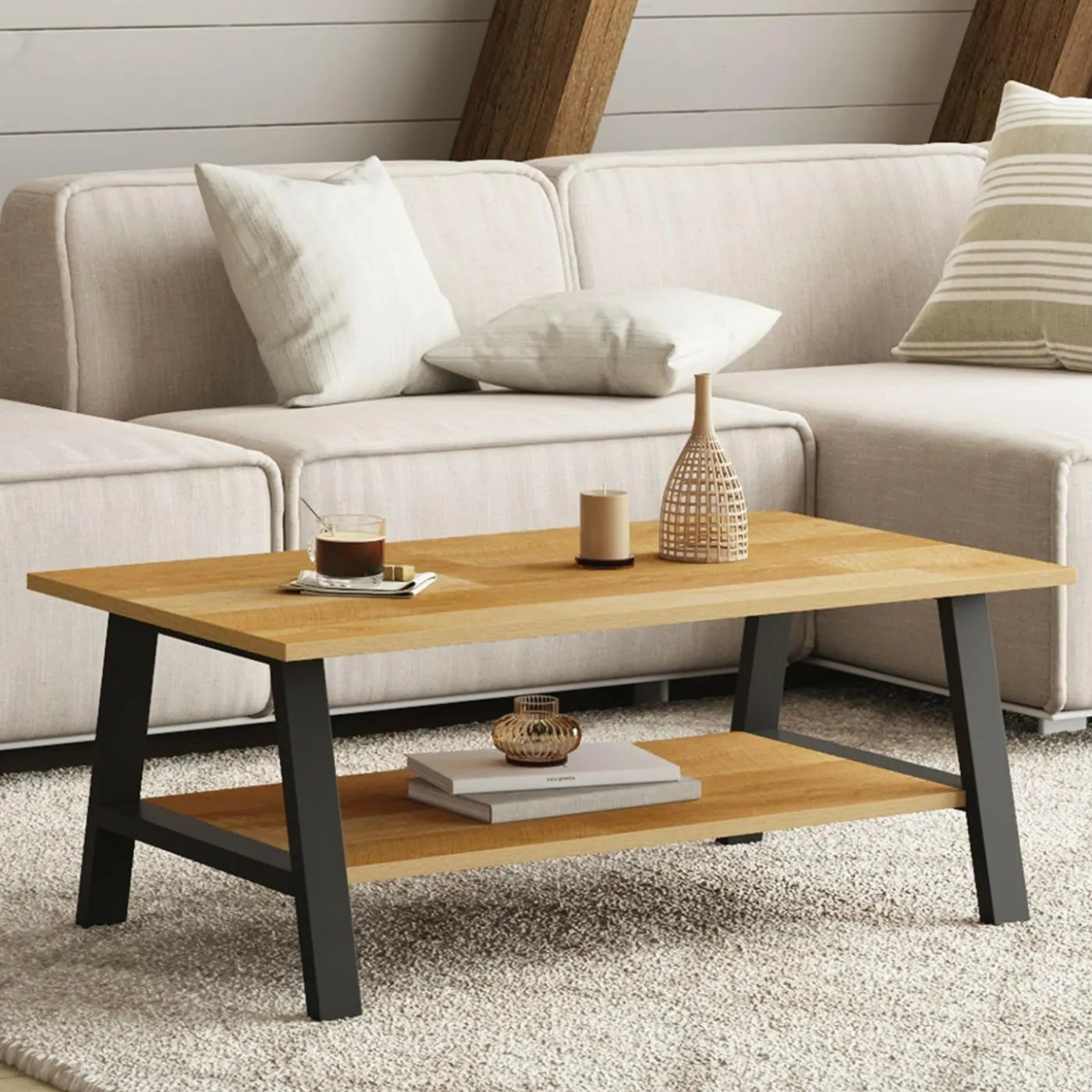 Table basse rectangulaire 100 cm double plateau bois et noir
