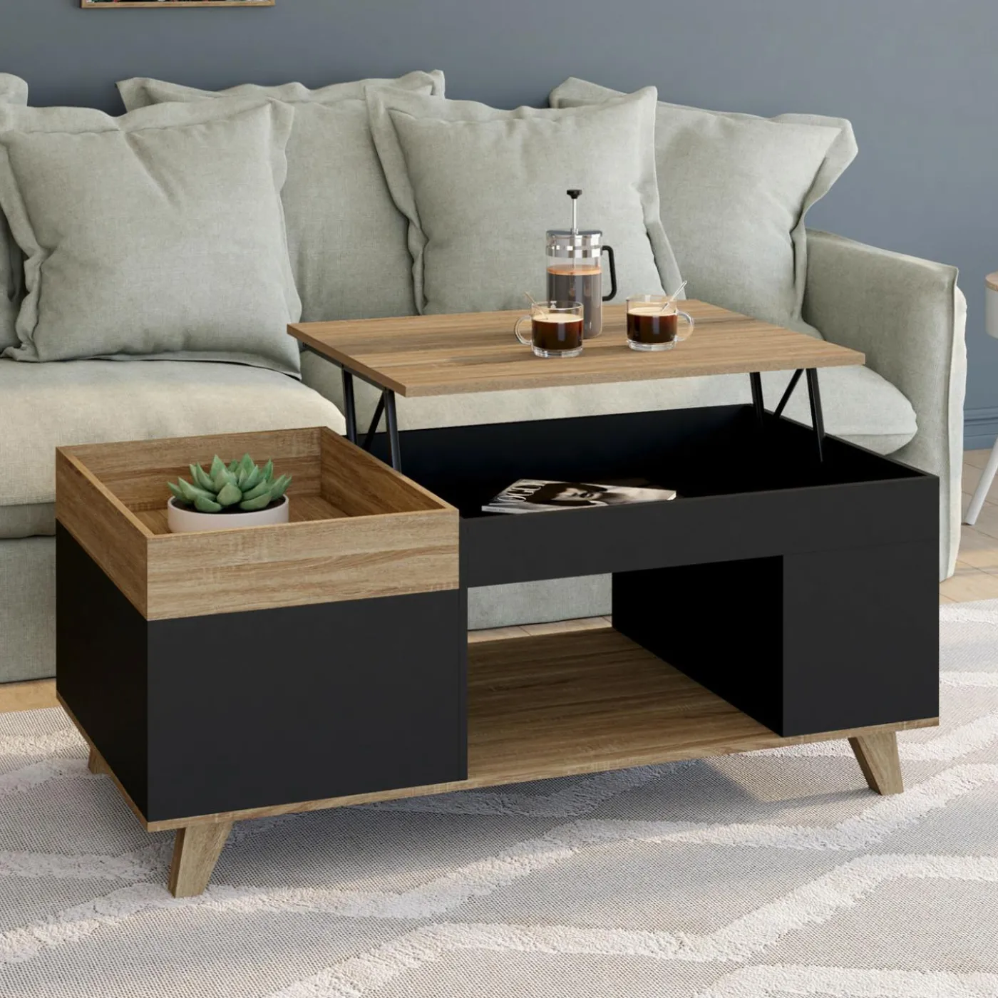 Table basse rectangulaire plateau relevable bois et noir plateau amovible avec coffre