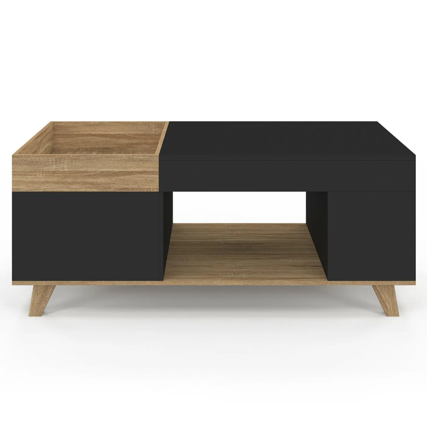 Table basse rectangulaire plateau relevable bois et noir plateau amovible avec coffre