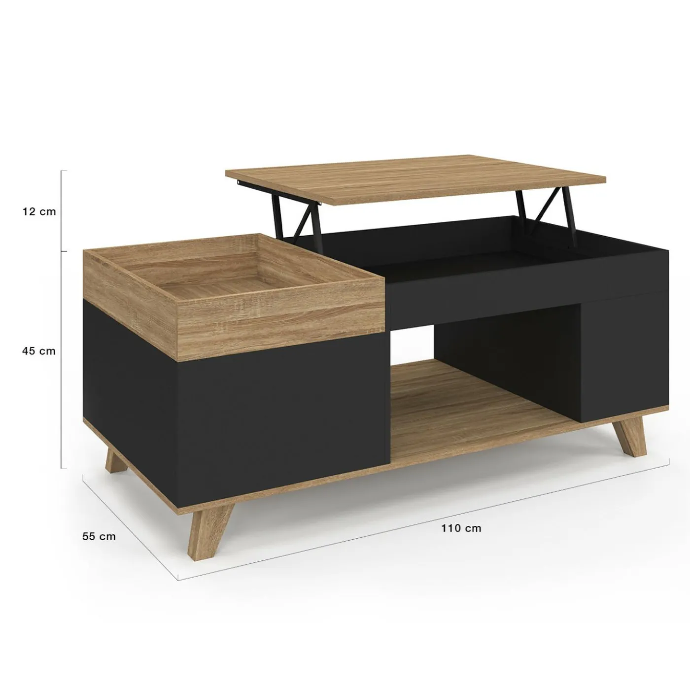 Table basse rectangulaire plateau relevable bois et noir plateau amovible avec coffre
