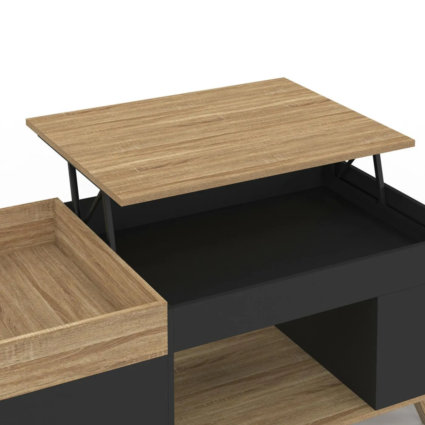 Table basse rectangulaire plateau relevable bois et noir plateau amovible avec coffre