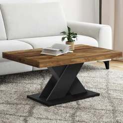 Table basse rectangulaire 100cm plateau bois vieilli et pied X noir