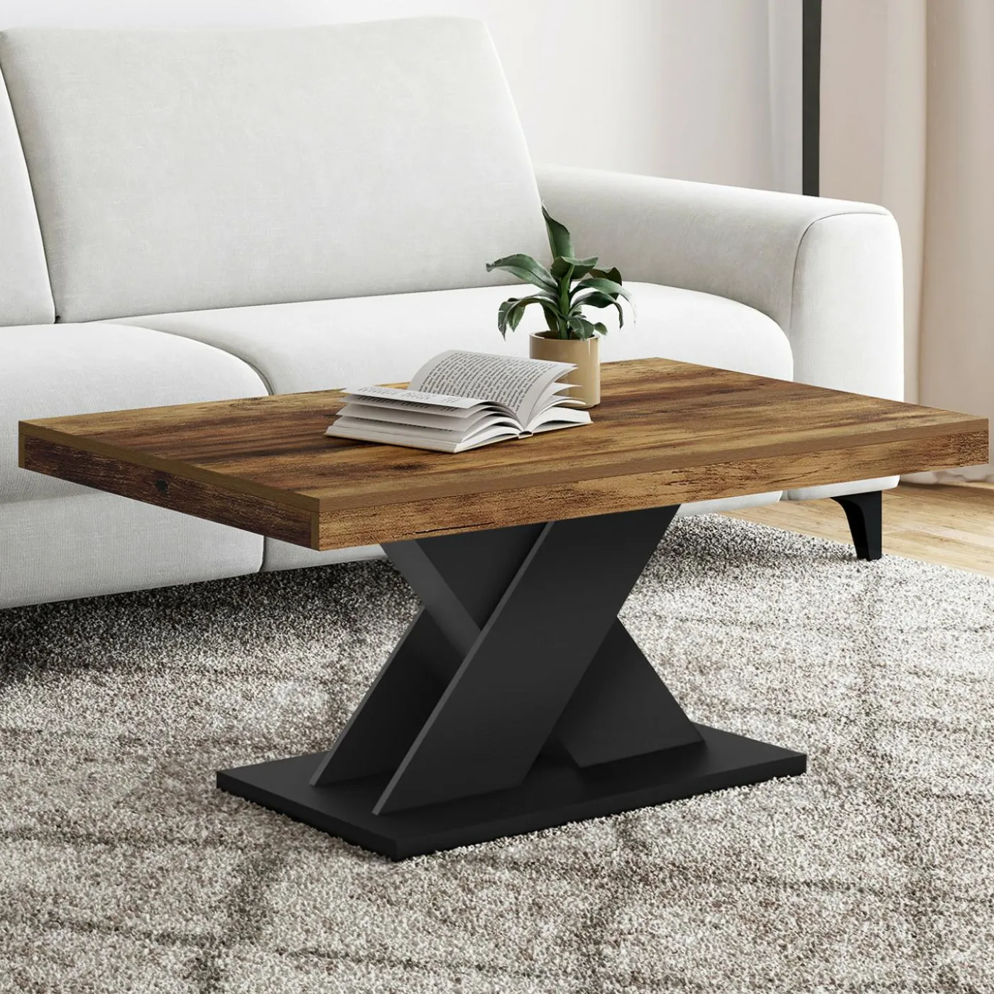 Table basse rectangulaire 100cm plateau bois vieilli et pied X noir