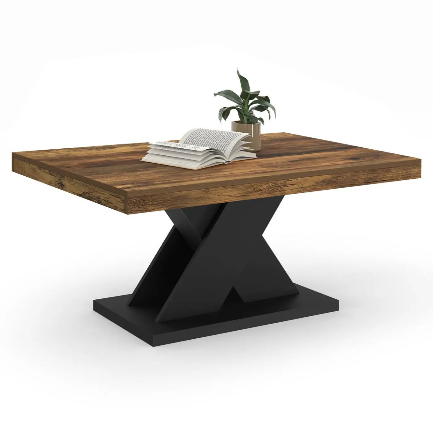 Table basse rectangulaire 100cm plateau bois vieilli et pied X noir
