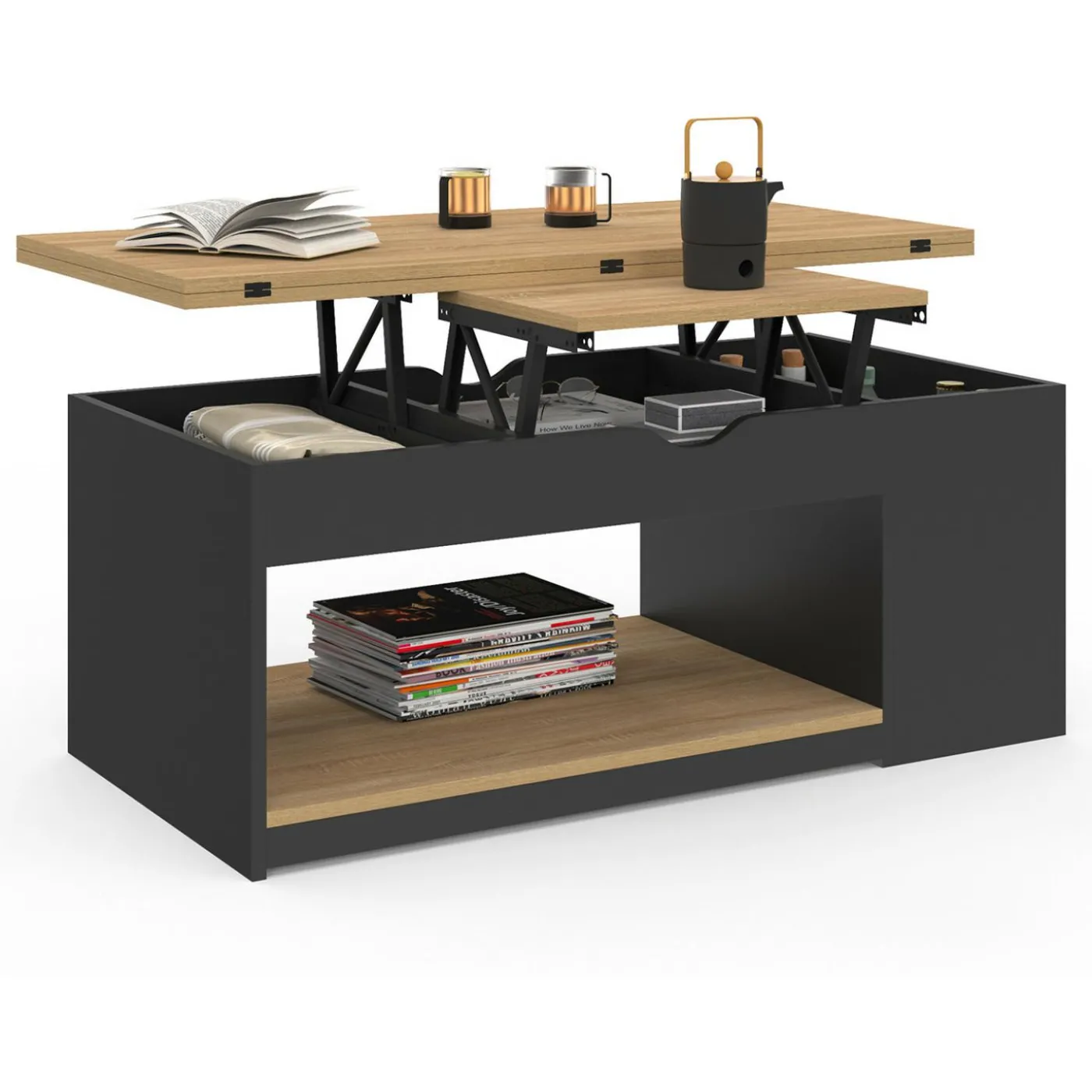 Table basse rectangulaire convertible en table à manger noire et façon hêtre