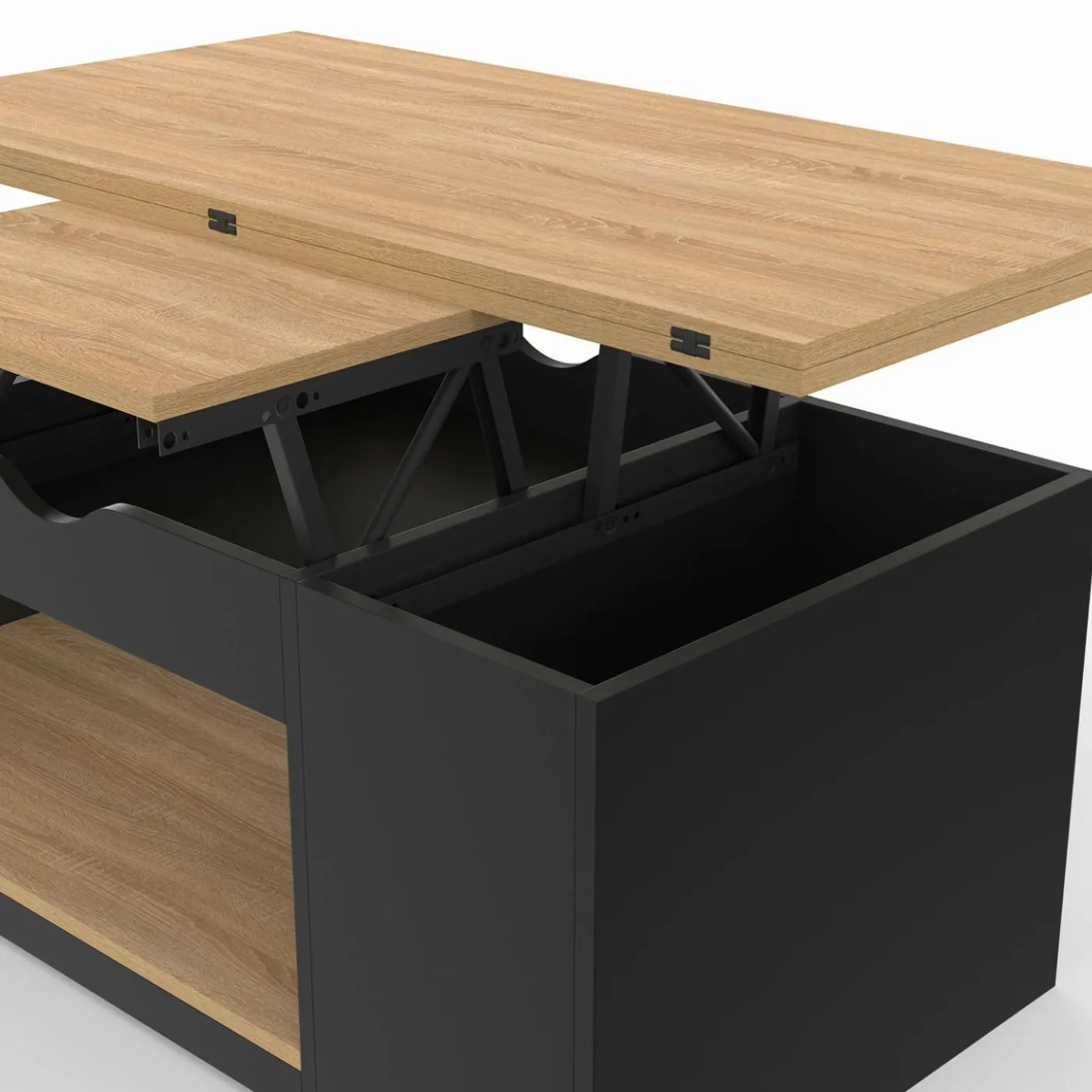 Table basse rectangulaire convertible en table à manger noire et façon hêtre