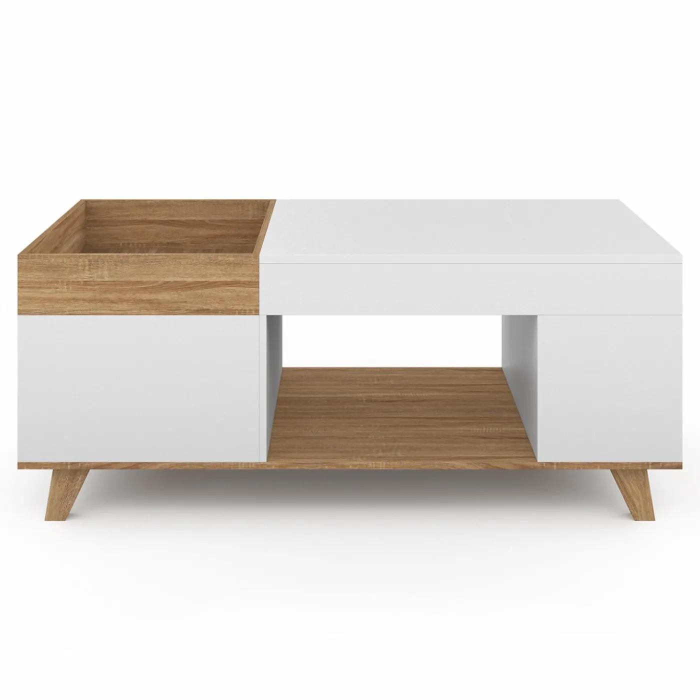 Table basse rectangulaire bois et blanc plateau relevable et coffre
