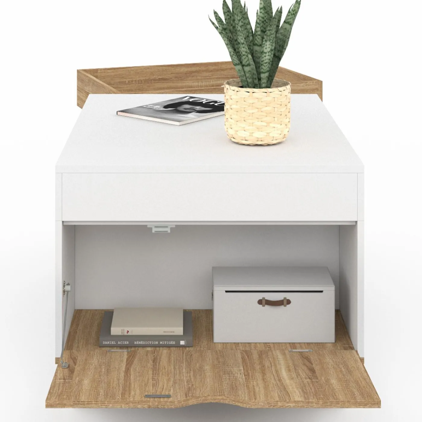 Table basse rectangulaire bois et blanc plateau relevable et coffre