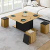Table basse rectangulaire double plateau relevable avec poufs bois et noir convertible en table à manger