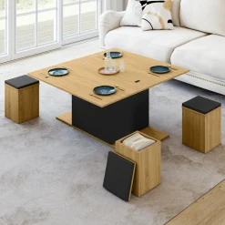 Table basse rectangulaire double plateau relevable avec poufs bois et noir convertible en table à manger