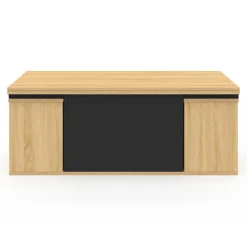 Table basse rectangulaire double plateau relevable avec poufs bois et noir convertible en table à manger
