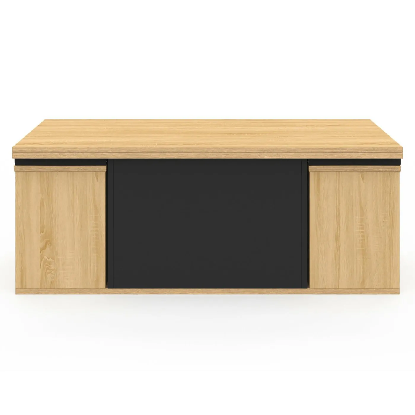 Table basse rectangulaire double plateau relevable avec poufs bois et noir convertible en table à manger