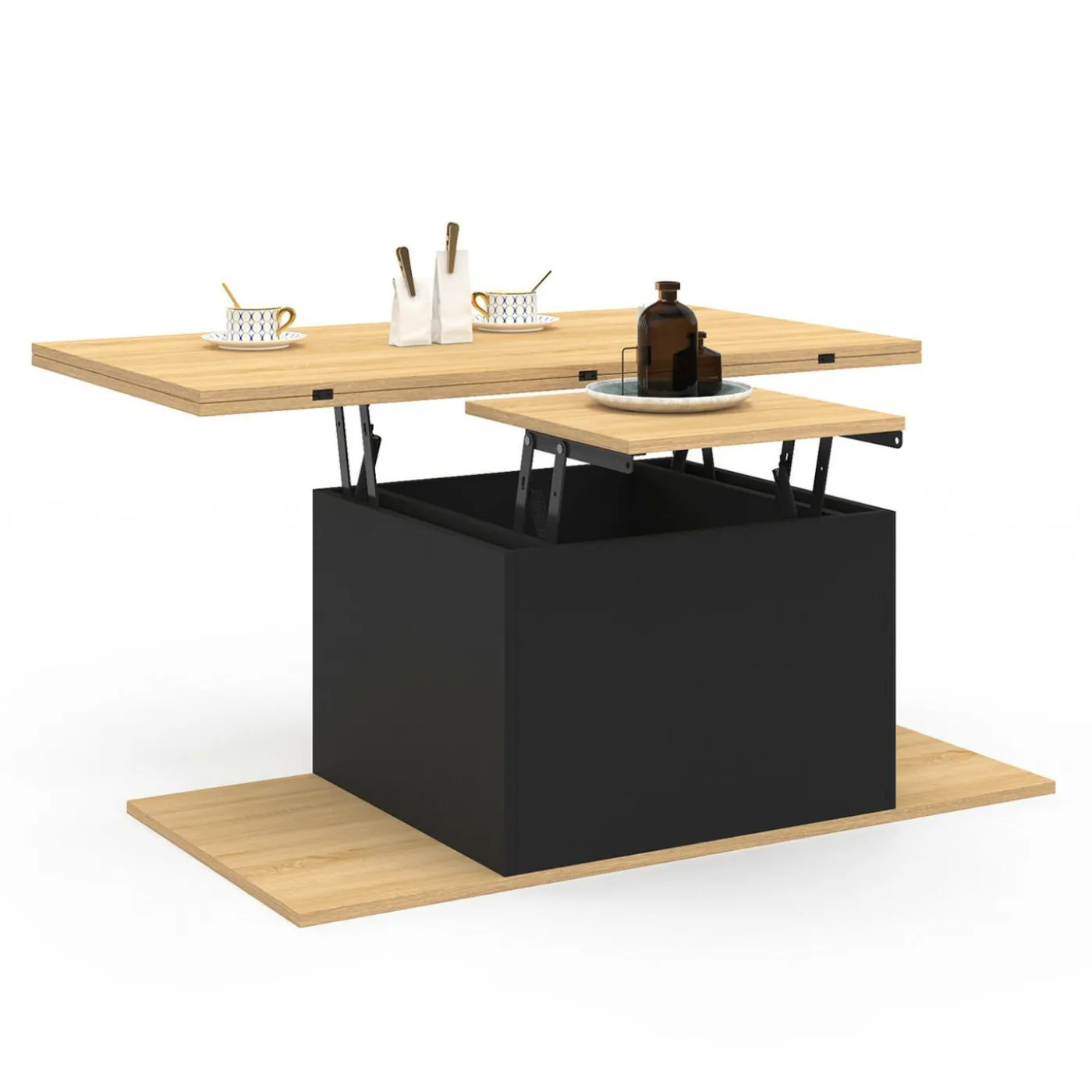 Table basse rectangulaire double plateau relevable avec poufs bois et noir convertible en table à manger