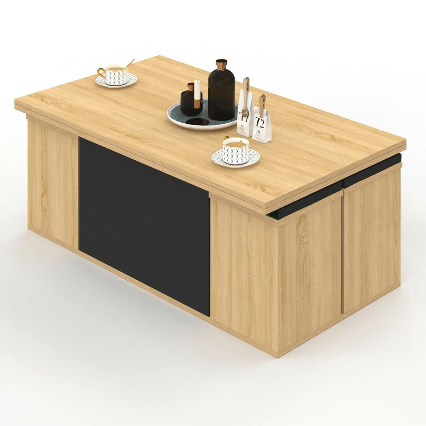 Table basse rectangulaire double plateau relevable avec poufs bois et noir convertible en table à manger