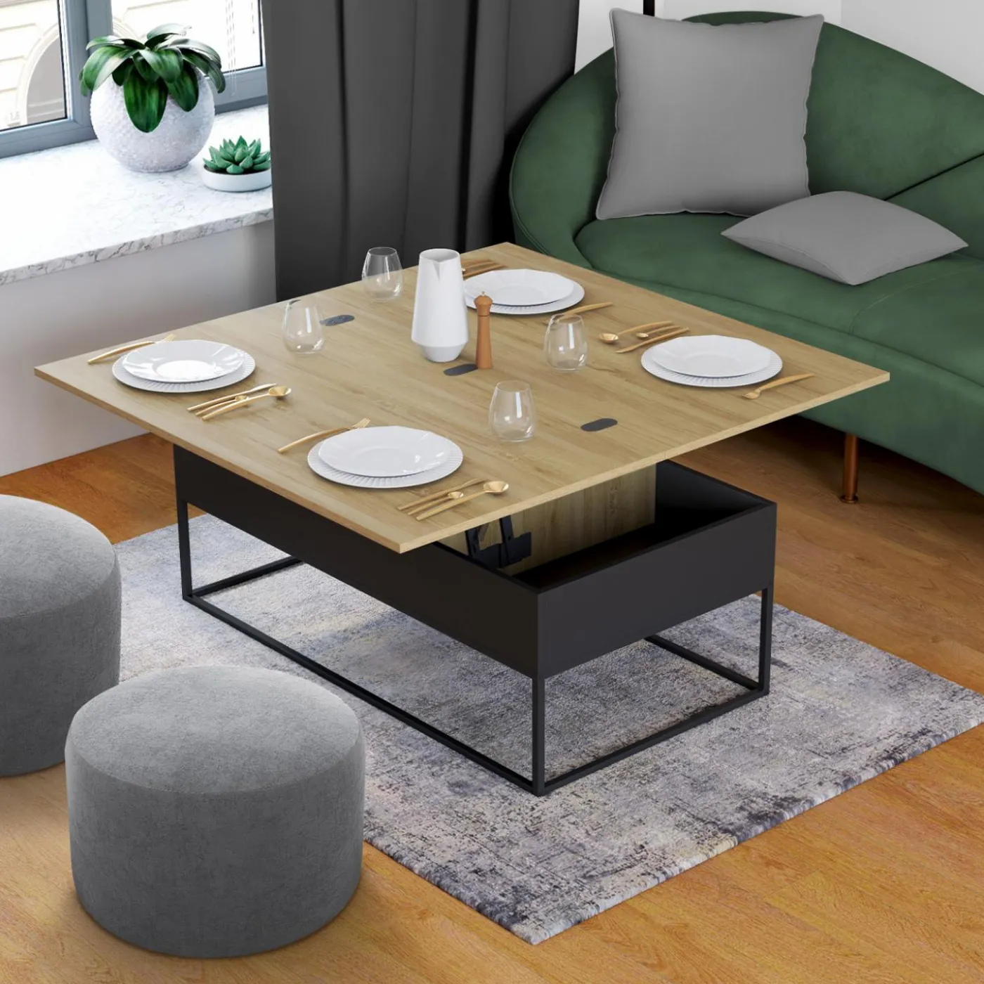 Table basse rectangulaire industrielle relevable et convertible pour manger