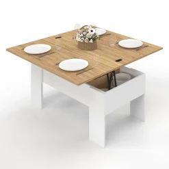 Table basse rectangulaire double plateau relevable bois imitation hêtre