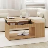 Table basse rectangulaire plateau relevable avec coffre lattes tasseau bois coloris chêne