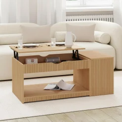 Table basse rectangulaire plateau relevable avec coffre lattes tasseau bois coloris chêne