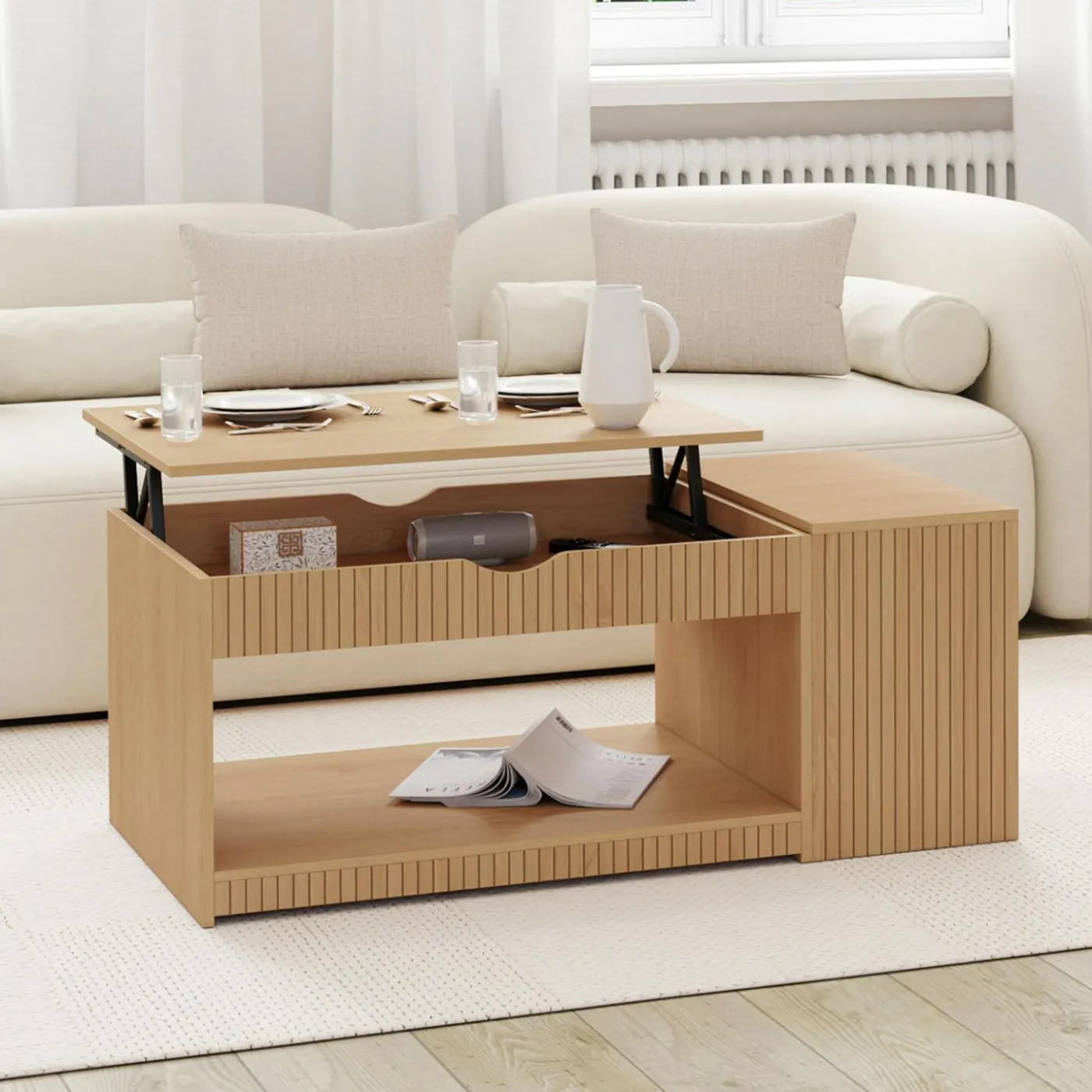 Table basse rectangulaire plateau relevable avec coffre lattes tasseau bois coloris chêne