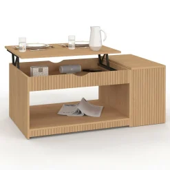 Table basse rectangulaire plateau relevable avec coffre lattes tasseau bois coloris chêne