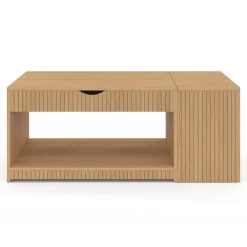 Table basse rectangulaire plateau relevable avec coffre lattes tasseau bois coloris chêne
