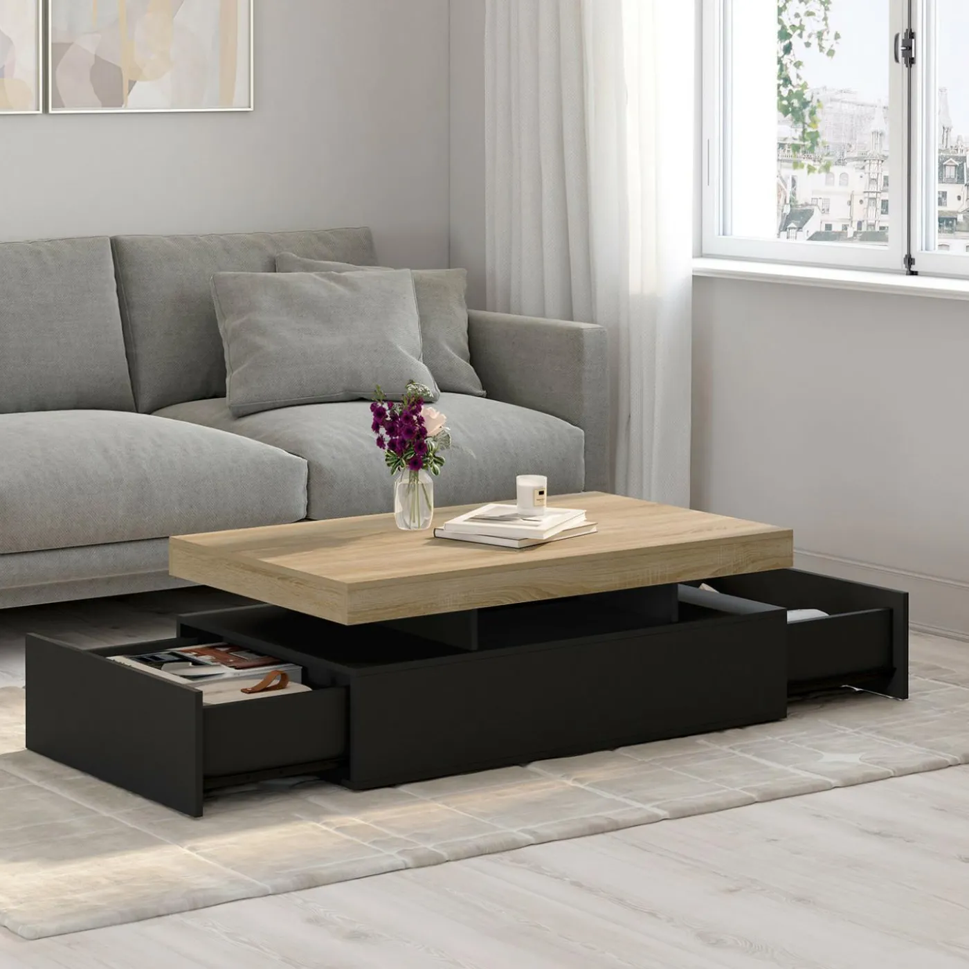 Table basse rectangulaire 2 tiroirs noir