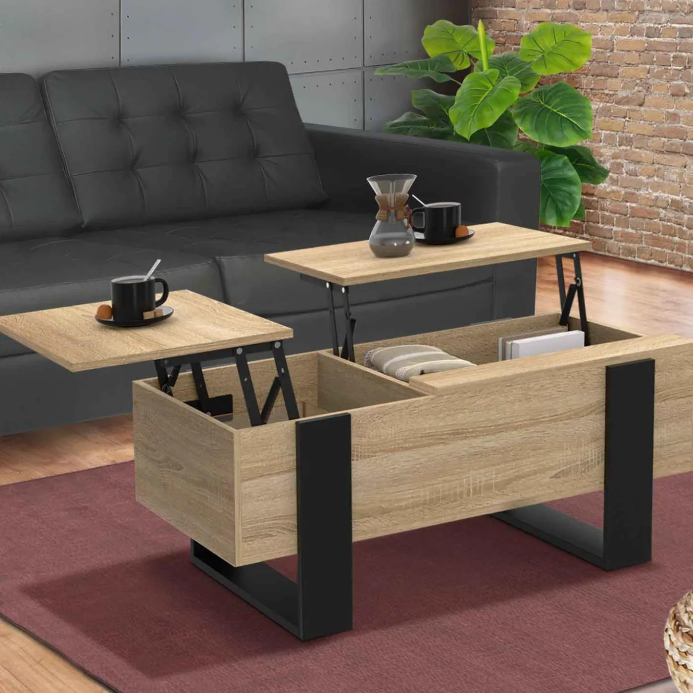 Table basse relevable 2 plateaux bois et noir