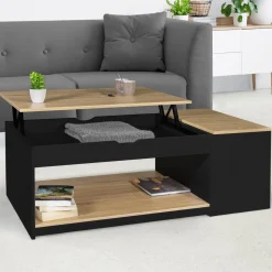 Table basse relevable bois noir et façon hêtre