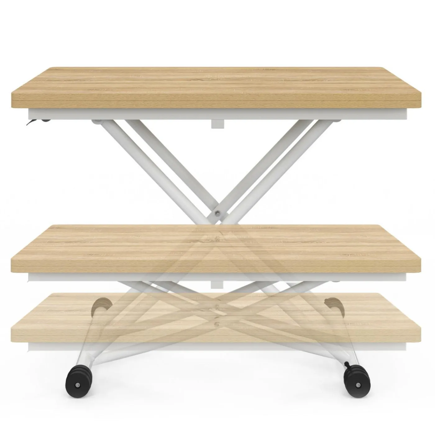 Table basse relevable en table à manger industrielle avec plateau façon hêtre