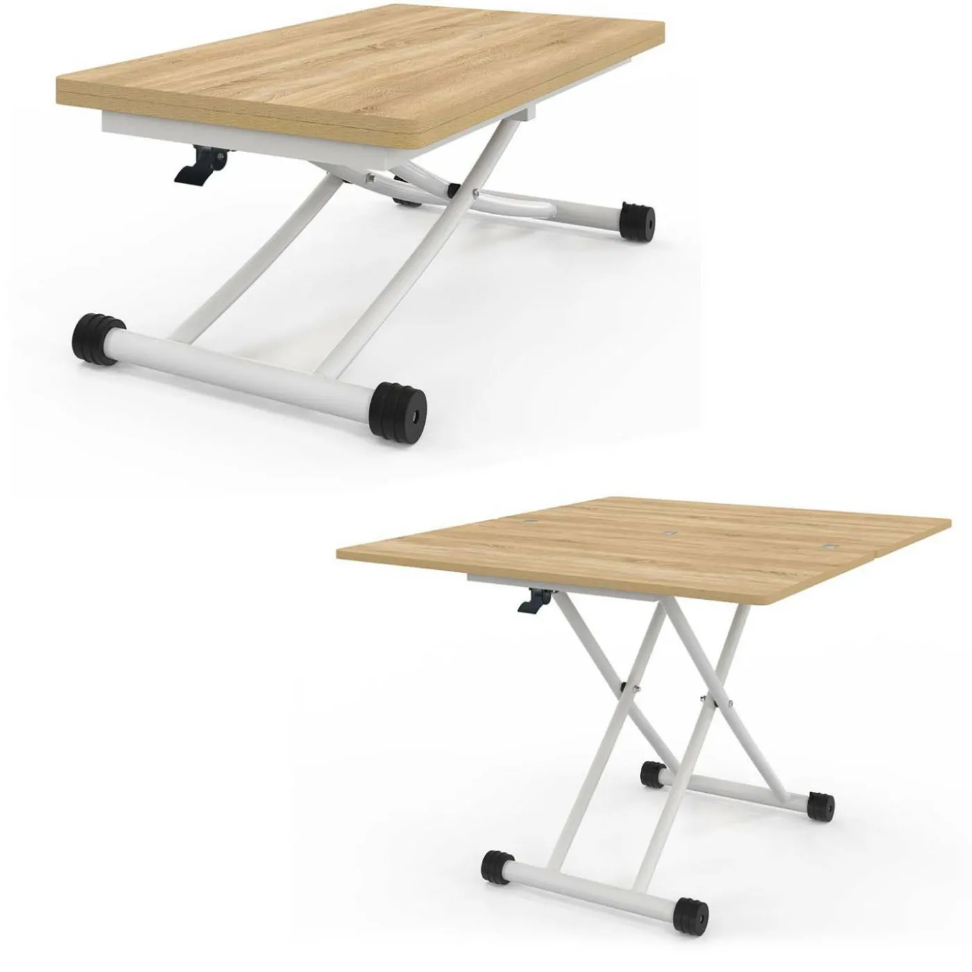 Table basse relevable en table à manger industrielle avec plateau façon hêtre