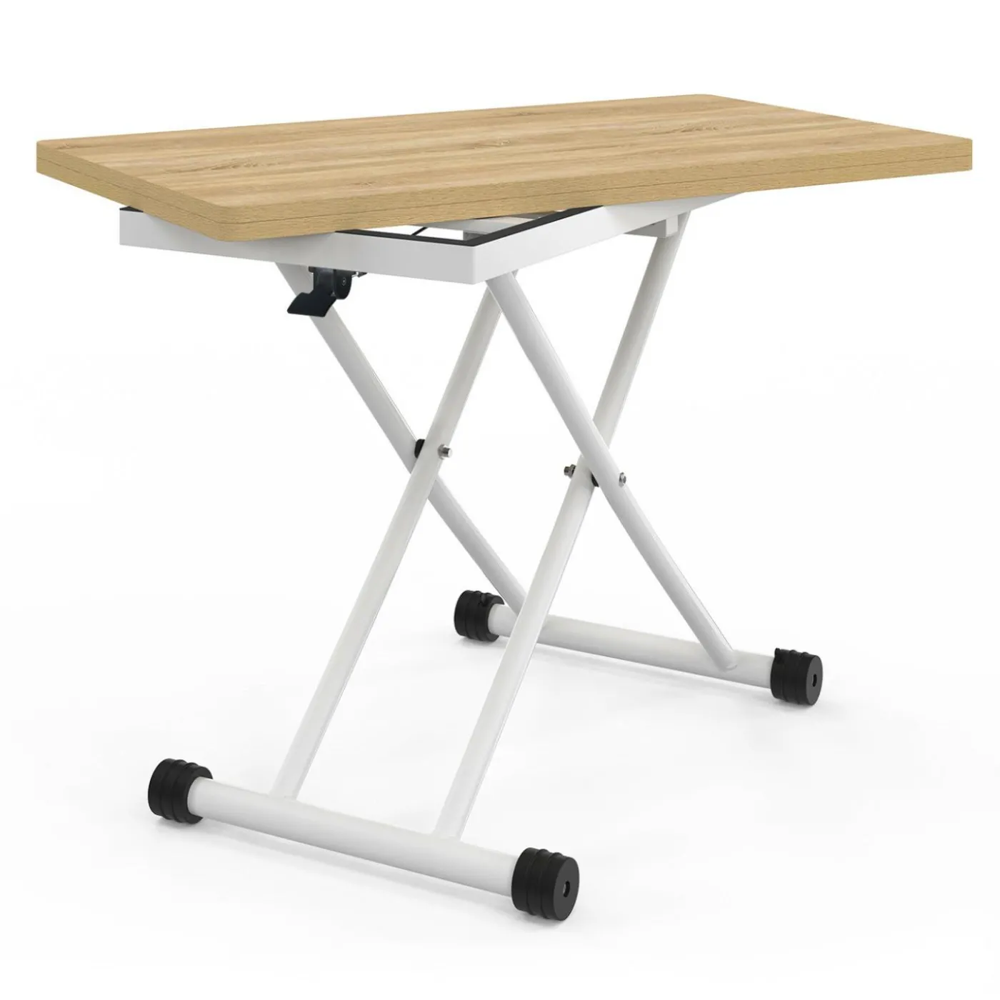 Table basse relevable en table à manger industrielle avec plateau façon hêtre