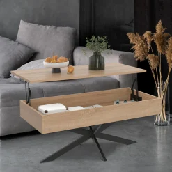 Table basse relevable industrielle rectangulaire bois et noir 100 cm pied araignée