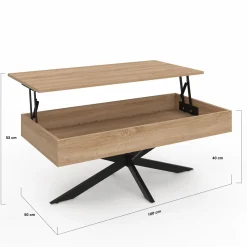 Table basse relevable industrielle rectangulaire bois et noir 100 cm pied araignée