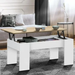 Table basse relevable rectangulaire bois blanc et imitation hêtre