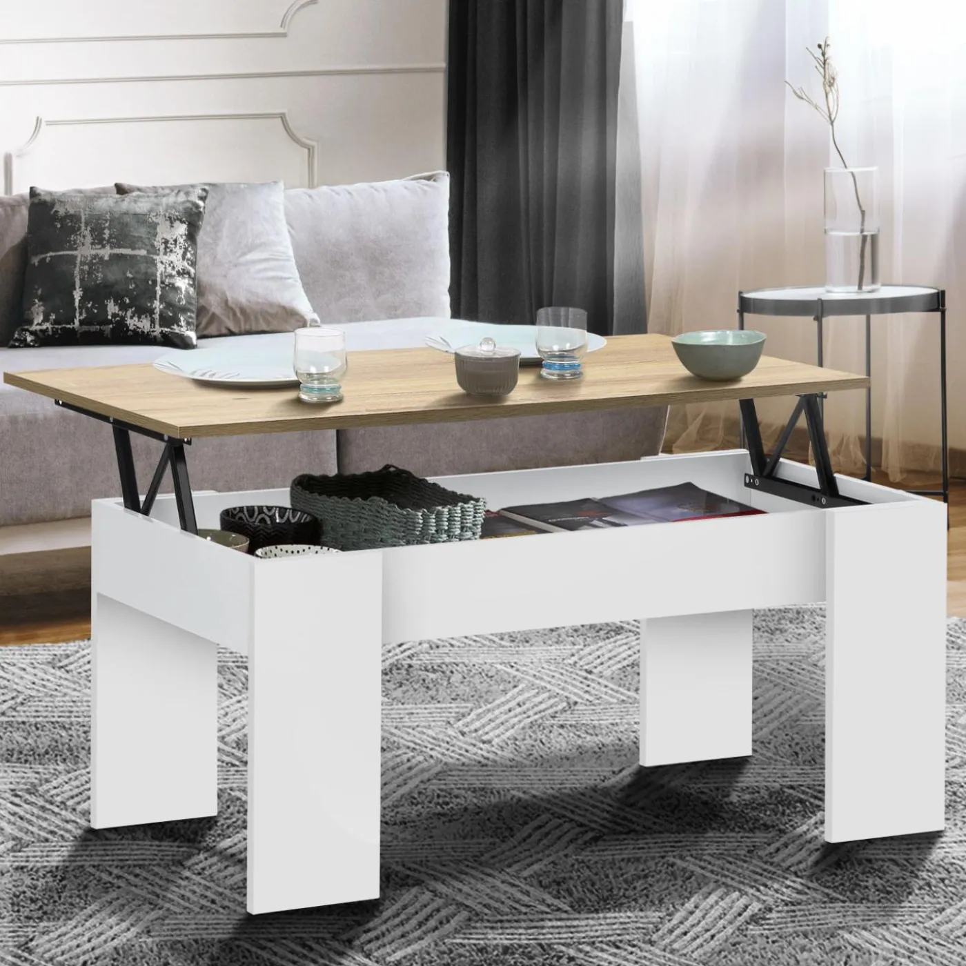 Table basse relevable rectangulaire bois blanc et imitation hêtre