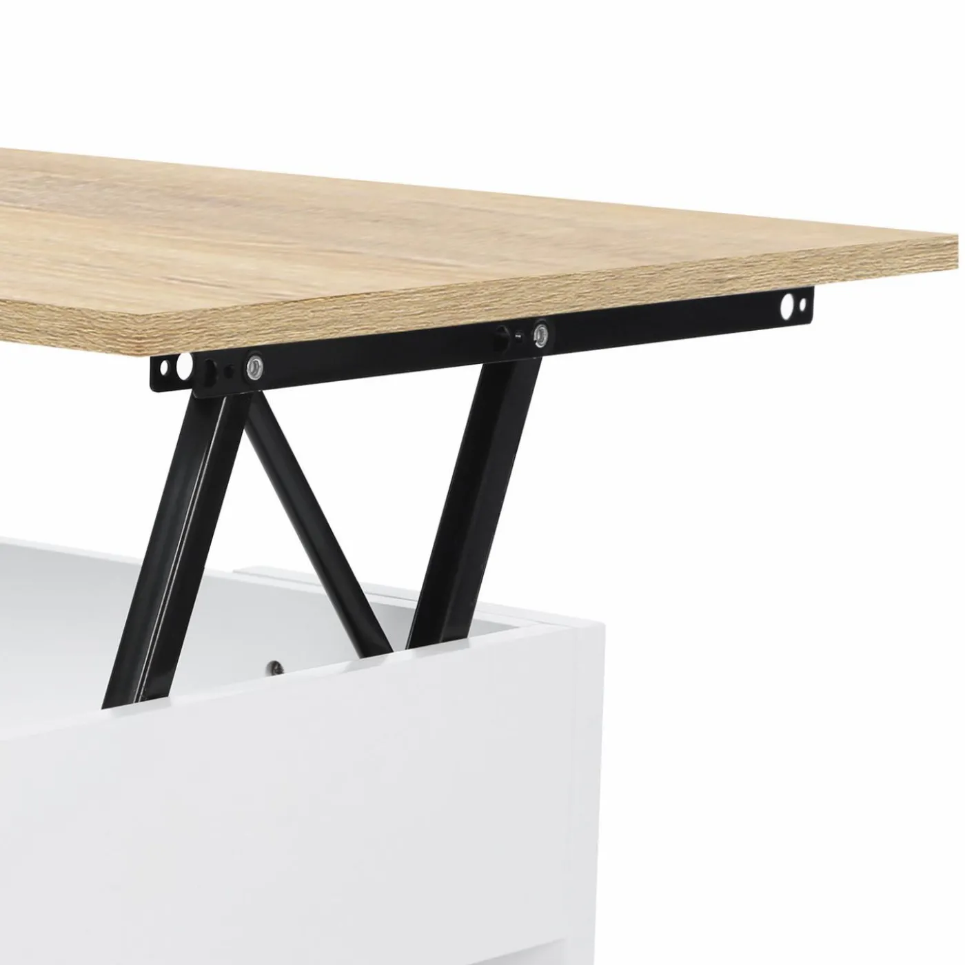 Table basse relevable rectangulaire bois blanc et imitation hêtre